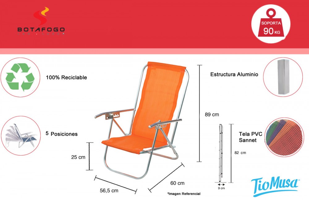 Reposera Aluminio Botafogo Cover 5 Posiciones Naranja